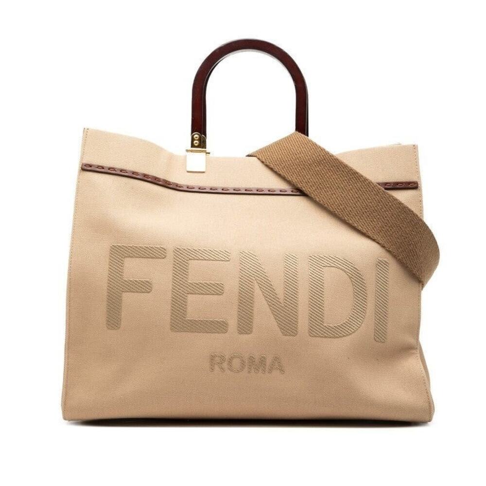 Fendi Canvas Leather Sunshine Medium Tote Beige